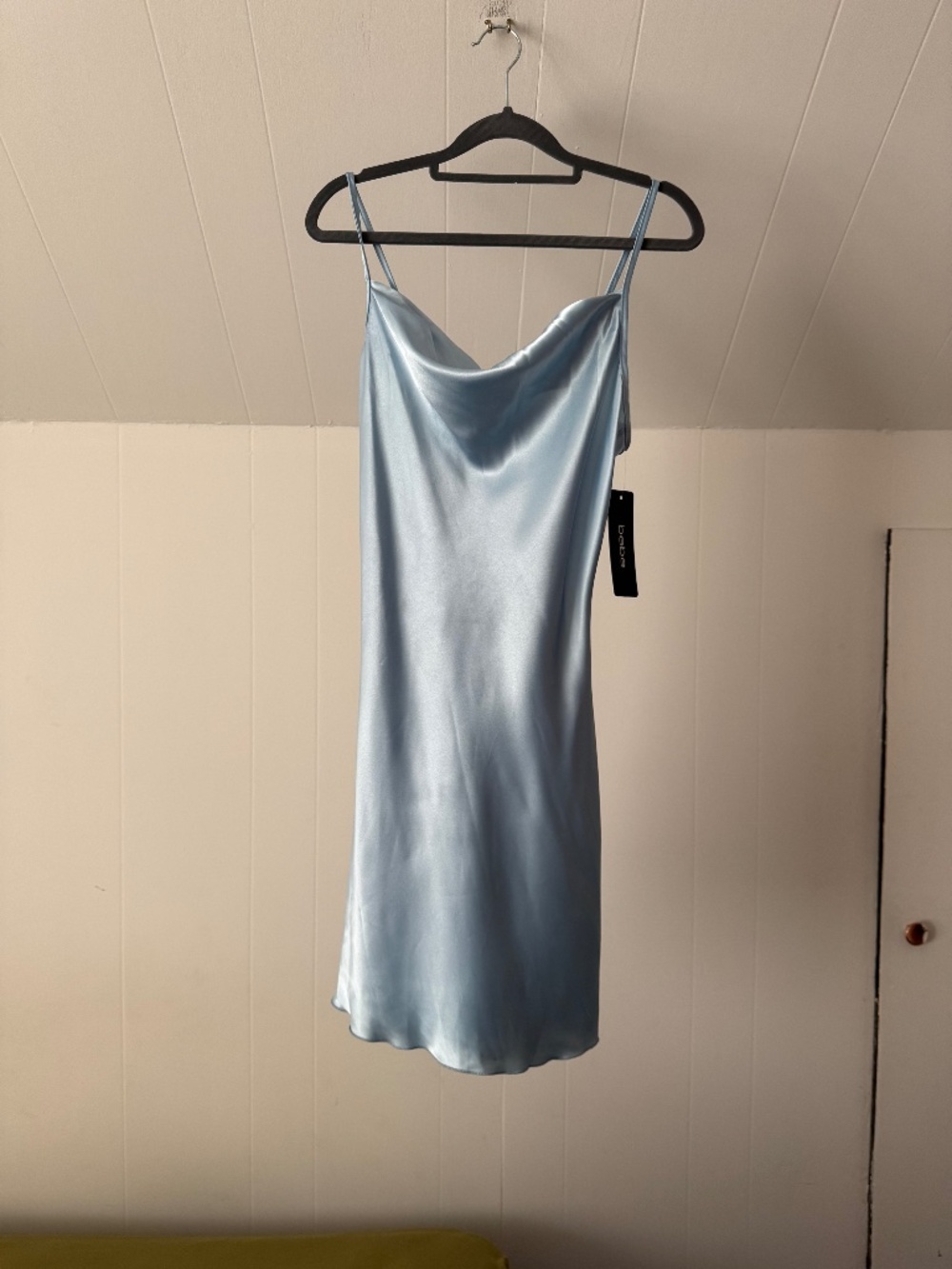bebe | NWT Light Blue Satin Cowl Neck Sleeveless Mini Dress, Size Small